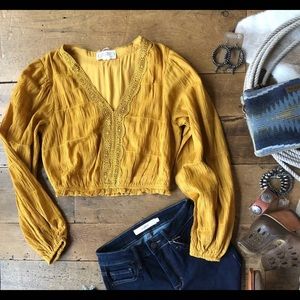 Mustard Bubble Sleeve Crochet Top